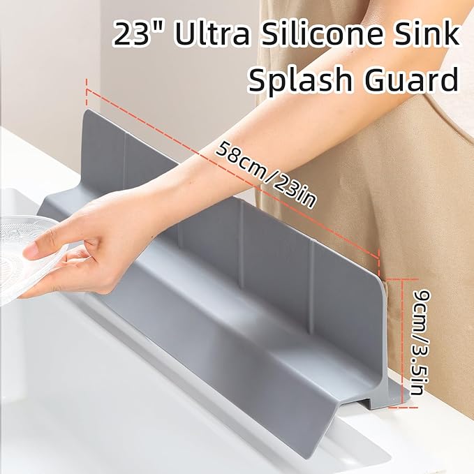 23" Ultra Silicone Sink Splash Guard Released in 2025/Dec,Self-Draining Water Splash Guard for Kitchen Sink,Bathroom and Island,with 3.5" High Splash Guard & 7 Strong Suction Cup (Grey)