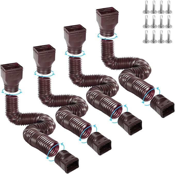 Gutterlix 4 Pack Flexible Gutter Downspout Extensions Extendable from 21" to 67", Downspout Extender Comes with Adapters, Thickened Down spout Drain Extension for Rainwater Drainage(Brown)