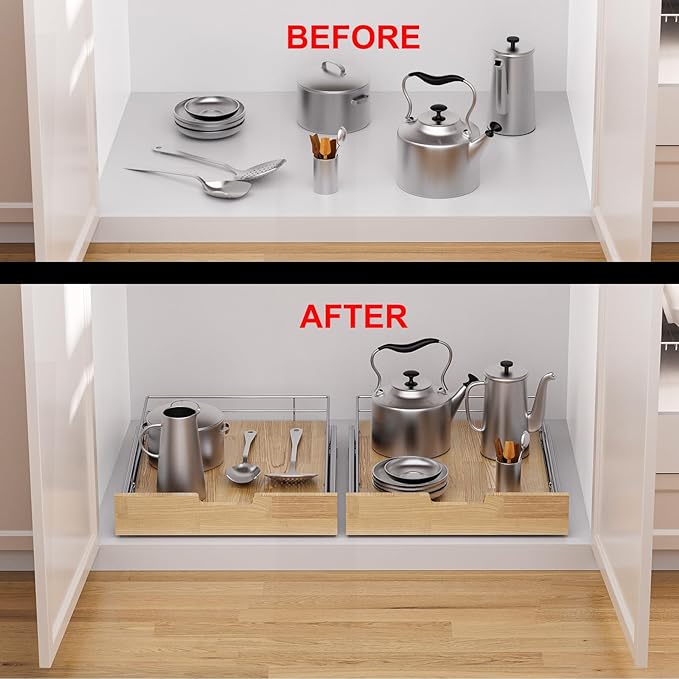 Pull Out Cabinet Organizer,Heavy-Duty Slide Out Shelf, Wood And Wire Basket, Pull Out Drawer for for Kitchen Under Sink Space, Pantry, Bathroom (14 * 21 WM)