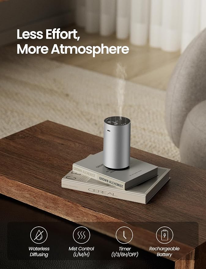 Waterless Essential Oil Diffuser, Rechargeable Car Scent Diffuser, Silver | Premium Aluminum Alloy Housing, Cordless, 3 Mist Levels, Timers, Portable Aromatherapy Diffuser for Home, Car & Office