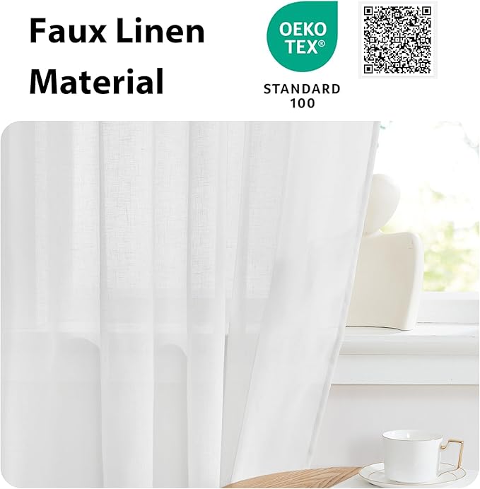 NICETOWN Linen Semi Sheer French Door Panels 80 inch Long, Light Filtering Curtains for Front Glass Back Entry Front Door with Tieback, 36" Wide, 1 Panel, White
