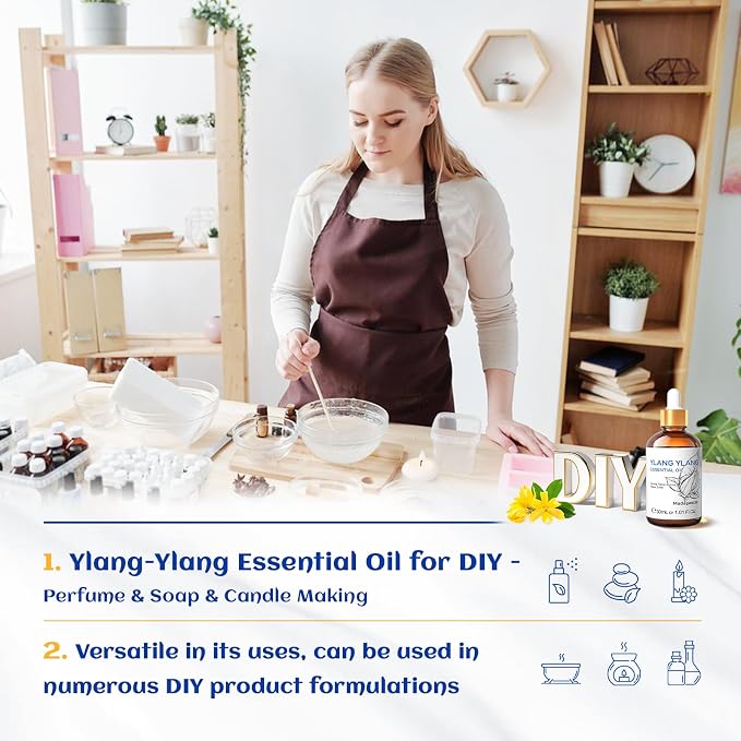 HIQILI Ylang-Ylang Essential Oil for Diffuser, Aromatherapy, DIY Perfumes | Long-Lasting Exotic Floral Scent for Home, Living Spaces & Massage - 30mL / 1.01 fl oz