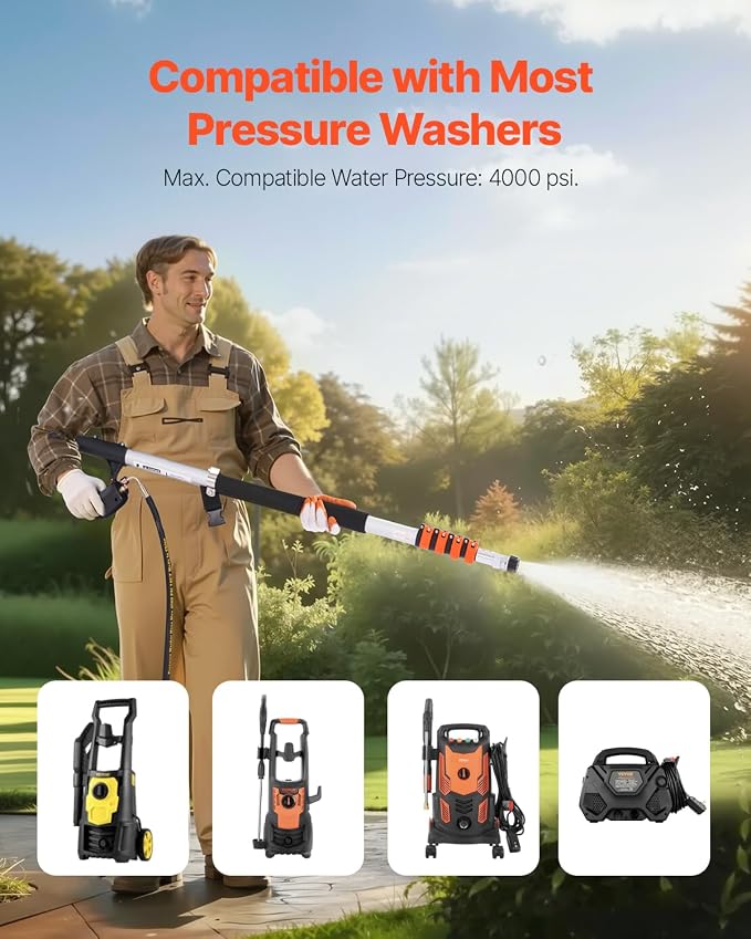 VEVOR Pressure Washer Telescoping Wand, 21 ft, 4000 psi, Telescopic Spray Wand with Power Washer Extension Wands, Gutter Cleaner, Brush Head, Pivoting Coupler, 7 Spray Nozzles and Support Harness
