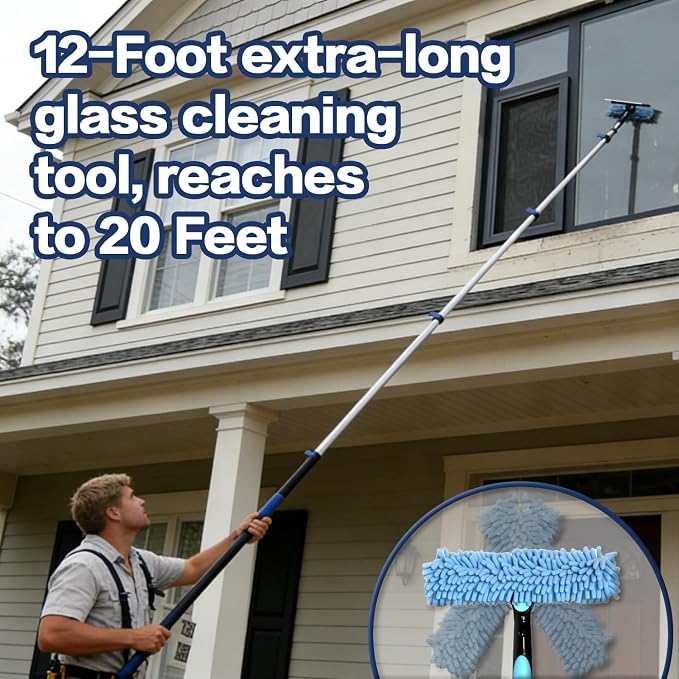 20FT High Reach Duster Cleaning Kit with 5-12 FTExtension Pole, High Ceiling Fan Cleaner Duster Tool for Fan Blades, Extendable Reusable Cobweb, Feather, Window Cleaning Squeegee Kit (12FT)