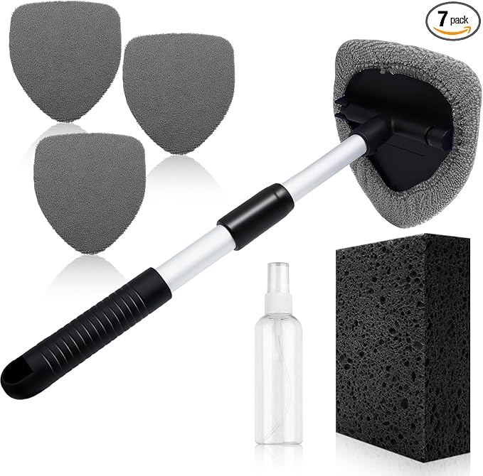 Windshield Cleaner Tool 22.5" L - Car Interior&Exterior Window Cleaning Kit with Extendable Handle&4 Microfiber Pads and Thick Large Wash Sponge, Auto Glass Wiper Brush Kit for Cars Home (7pcs Grey)