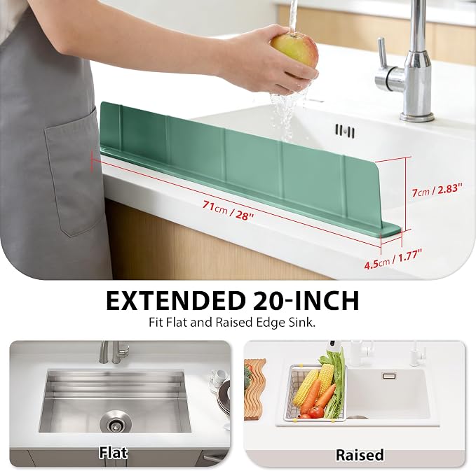 28Inch Silicone Sink Splash Guard with Strong Suction Cups, Flexible Kitchen Sink Splash Guard for Front of Sink, Easy to Clean Splash Guard for Kitchen & Bathroom (Green, 28''x2.8'')