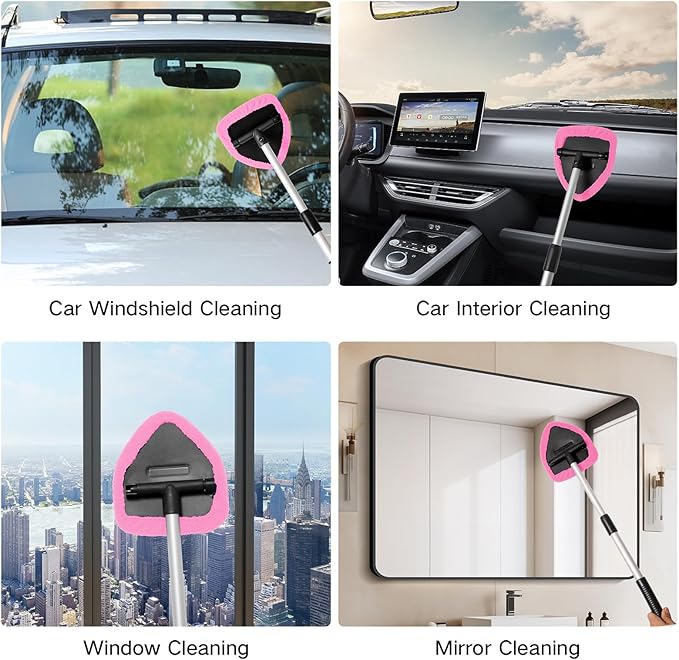 Qydipclin 11pcs Windshield Cleaner Tool, Car Window Cleaning Wash Kit with 6 Reusable Microfiber Pads 2 Spray Bottles and Extendable Handles Auto Glass Wiper Kit, Pink