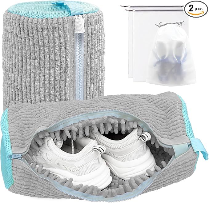 Shoe Washing Machine Bag,Laundry Shoe Bag for Washer and Dryer,Reusable Shoe Cleaning Bag for Sneakers,Tennis Shoes,With Self-locking Zipper, Microfiber Inside,Include Shoe Bag (Pro Grey - 2 Pack)