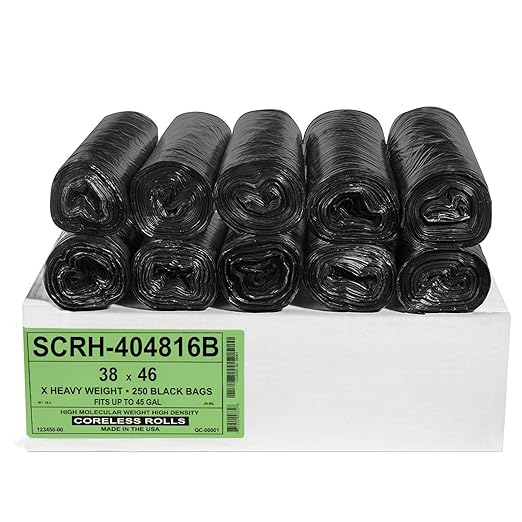 Aluf Plastics 40-45 Gallon Trash Bags Source Reduction Series Value High Density 16 Micron (equiv) 40" x 48" - Intended for Home, Office, Bathroom, Paper, Styrofoam (Pack of 250)