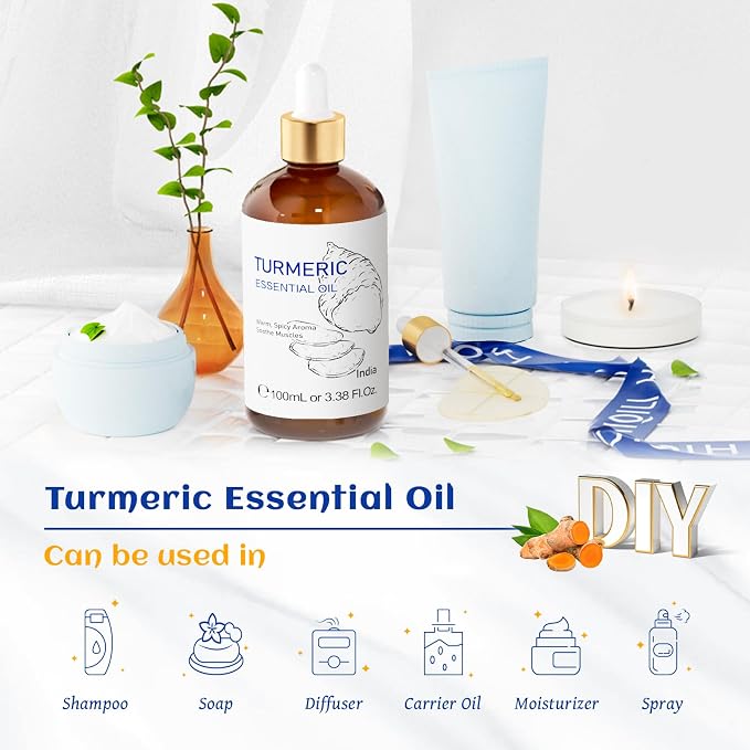 HIQILI Turmeric Oil for Face, Skin Care & Aromatherapy | With 10ml Travel Bottle, Dilute with Carrier Oil for Body & Scalp Massage, Ideal for DIY Crafts –100mL / 3.38 fl oz