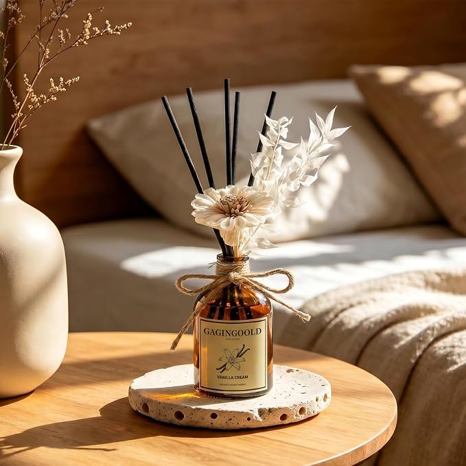 Reed Diffuser Set, Vanilla Cream Scent Diffuser with 10 Sticks & Decorative Flower, Long Lasting Diffusers for Home Fragrance, Vintage Decor for Bathroom Bedroom Office Shelf, 5 Fl.oz