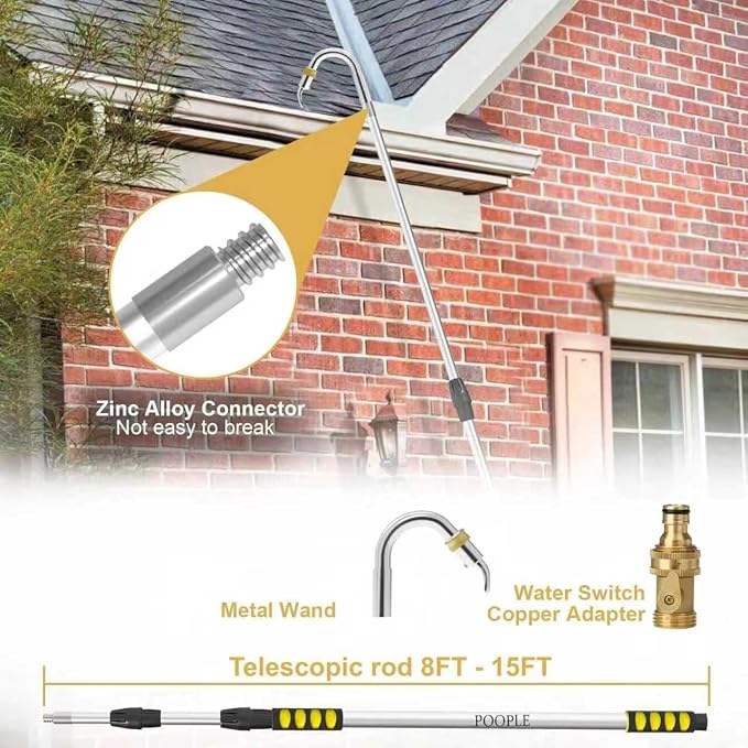 Gutter Cleaning Tools from The Ground, 24FT Reach Telescoping Gutter Cleaner Tool, Rain Gutters Cleaning Wand with 360° Metal Head, Gutters Cleaner Hose Attachment & Connection Adapter