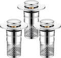 3 Pack Bathroom Sink Drain Strainer, Pop Up Stopper with Hair Catcher | Fits 1.5"-2.3" Drain Holes, Stainless Steel Basket, Brass Core, Tool-Free Installation