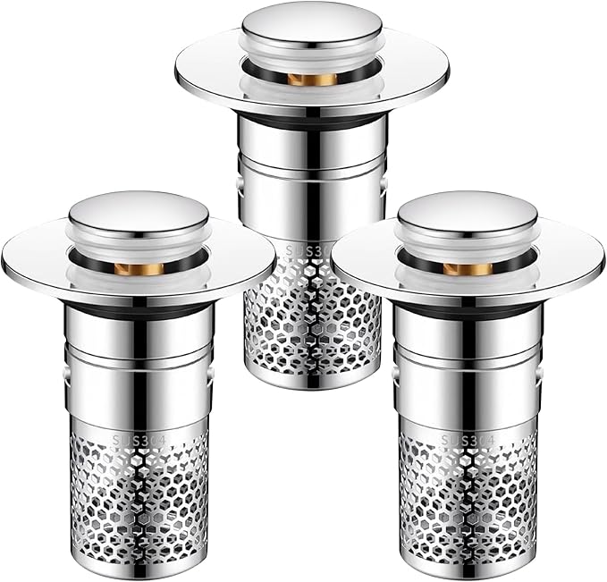 3 Pack Bathroom Sink Drain Strainer, Pop Up Stopper with Hair Catcher | Fits 1.5"-2.3" Drain Holes, Stainless Steel Basket, Brass Core, Tool-Free Installation
