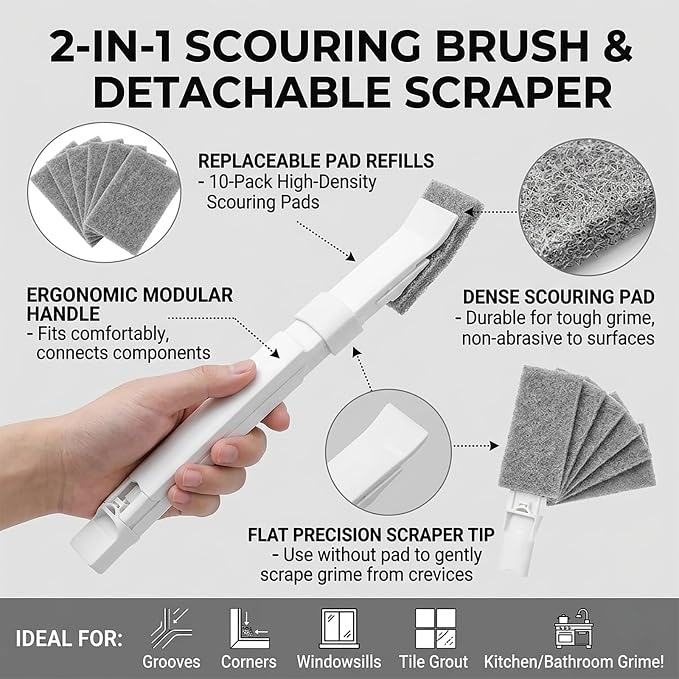 Crevice Cleaning Brush with 10 Replacement Scouring Pads, Deep Detail Scrubbing Tool for Window Track, Sliding Door Rail, Tile Grout, Shower