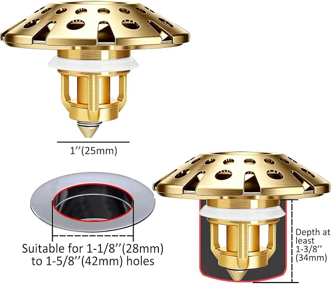 AzWzz Bathroom Sink Drain Strainer, 3 in 1 Pop Up Bathroom Sink Stopper Plug with Hair Catcher Cover, Universal for 1.06 in to 1.6 in Sink Drain, Brushed Gold