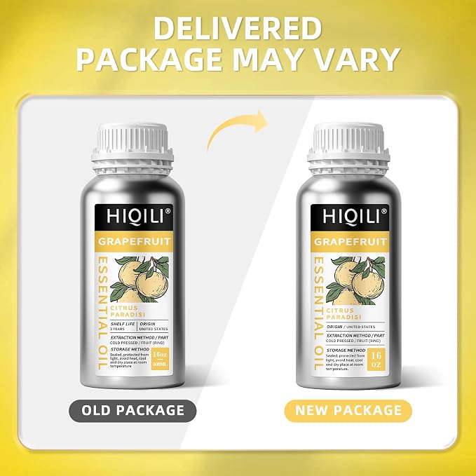 HIQILI Grapefruit Essential Oil for Skin Care, Diffuser & DIY | Large Bottle with Two Travel-Size Vials for Custom Blending and Spa Massage, Refreshing Citrus Scent —500ml / 16 fl oz