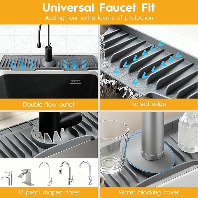 16" Silicone Faucet Mat for Kitchen Sink Released in 2025/12TH,8° Slope Fast Self-draining-Kitchen Sink Splash Guard,Bathroom Kitchen Sink Area Water Splash Guard Behind Faucet Draining Dark Grey