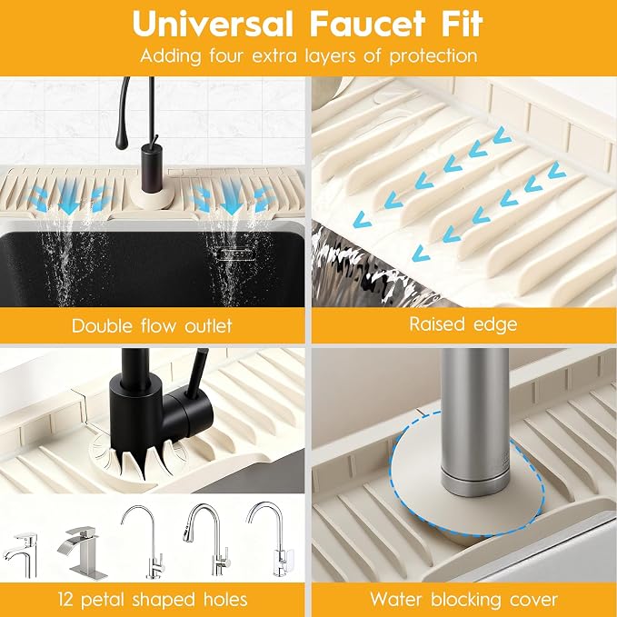 16" Silicone Faucet Mat for Kitchen Sink Released in 2025/12TH,8° Slope Fast Self-draining-Kitchen Sink Splash Guard,Bathroom Kitchen Sink Area Water Splash Guard Behind Faucet Draining Mat Beige