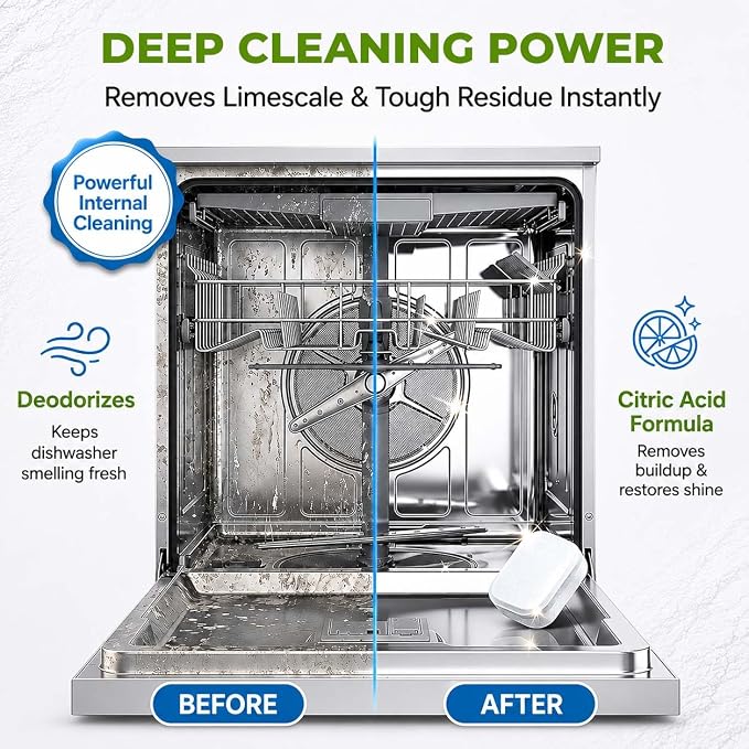 Dishwasher Cleaner and Deodorizer XL Tablets – Heavy-Duty Descaler & Odor Remover for Hard Water, Removes Spots & Residue, Enhance Drying & Shine, 12 Pack (1 Year Supply)