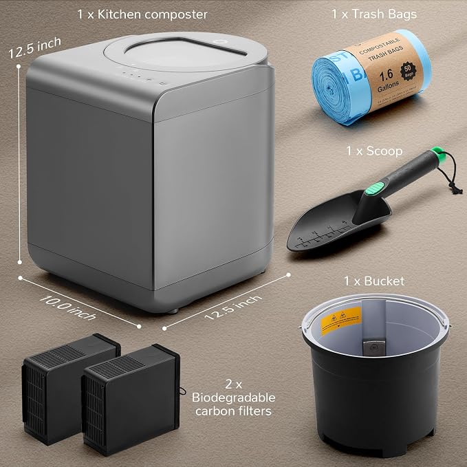 Airthereal R500-V Electric Composter, Visual Glass Cover, 2.5L, Gray | Visual Glass Cover, Upgraded SHARKSDEN Tri-blade, 90% Reduction in Waste Volume