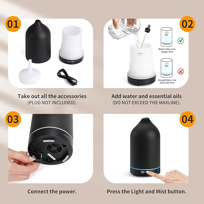 URPOWER 120mL Ceramic Essential Oil Diffuser Quiet Diffusers for Home | Sleek Ceramic Design with Ultrasonic Mist, 2 Mist Modes and Ambient LED Lighting Brings Comfort to Your Daily Routine
