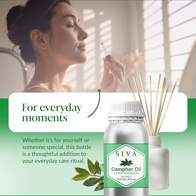 Siva Camphor Essential Oil, Huge Bottle, Large Size, 16 Fl Oz (473 ml) | Camphor Oil for Diffuser, Humidifier, Steam, Spray, Body Massage, Hair, Skin, Soap Making, Candle Making & DIY Blending