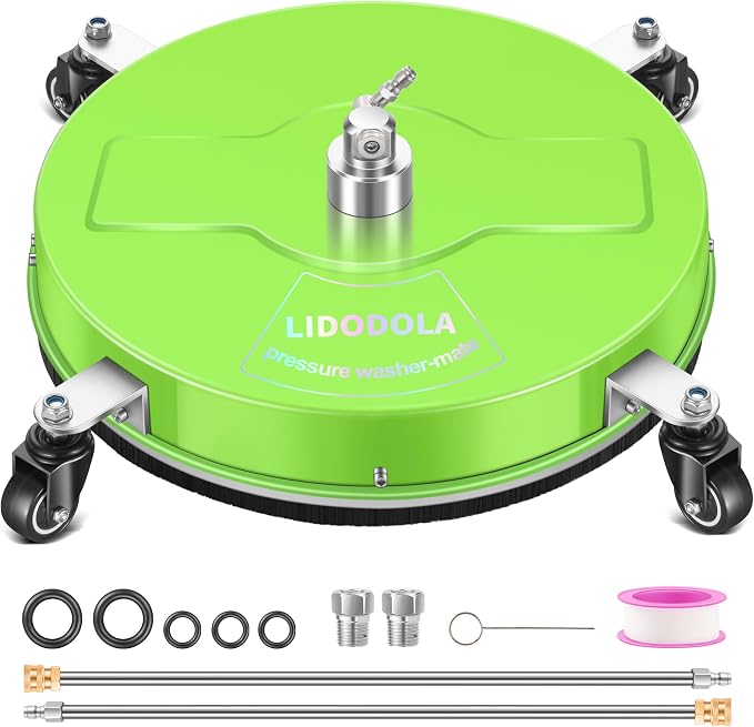 LidoDola 19'' Pressure Washer Surface Cleaner Green, Power Washer Accessory | Stainless Steel Housing with 4 Wheels, 1/4" QC, 2 Extension Wands & 2 Replacement Nozzles, for Gas & Electric Pressure Washer