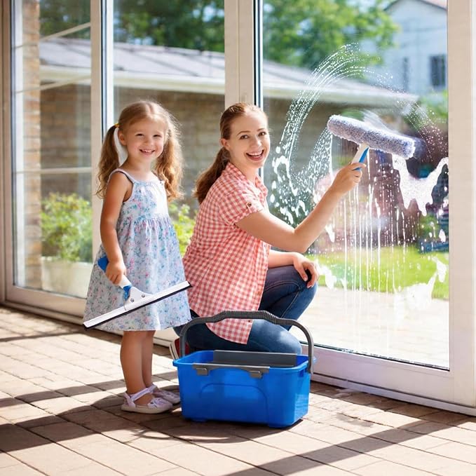 Window Cleaning Kit with Bucket 3 Gallon for Home Outdoor Car | Professional Window Washing Equipment, 14'' Silicone Squeegee, 14'' Microfiber Scrubber, Cloth, Commercial Use