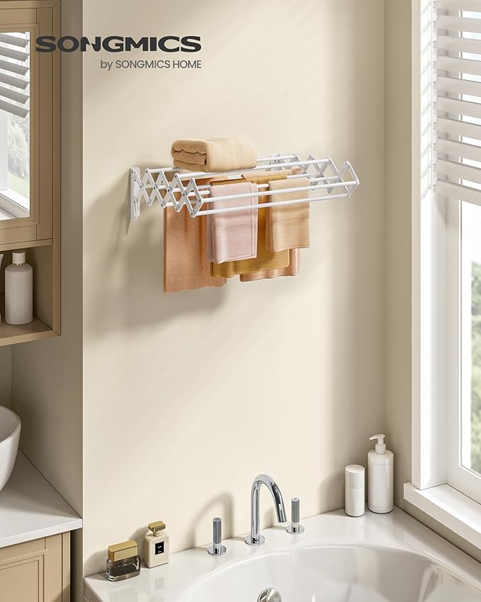 SONGMICS Clothes Drying Rack, Wall-Mounted Drying Rack Clothing, Small Accordion Laundry Rack, 9 Staggered Hanging Rods, Expandable and Retractable, Cloud White ULLR802W01