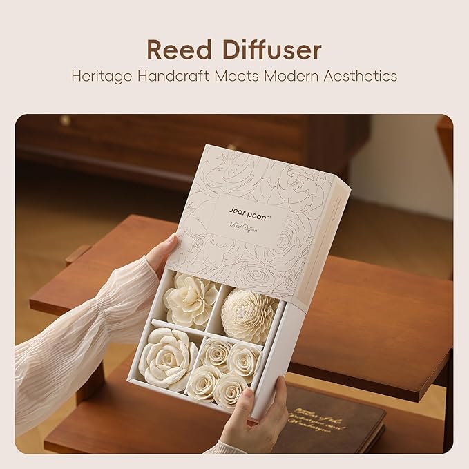 Flower Reed Diffuser Sola Wood Flowers Natural Material Aromatherapy Reed Decorative Aromatherapy Flower Refill Diffuser Reeds, 7Pcs Flower, 7Pcs Rope, 8 Pcs Diffuser Rattan (2-3.5 Inches, White)