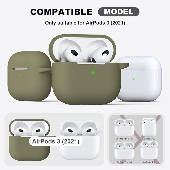 R-fun Compatible with AirPods 3 Case Cover, Silicone Protective Accessories Skin with Keychain Compatible with Apple AirPod 3rd Generation 2021 for Women Men Girls Boys,Front LED Visible,Olive Green