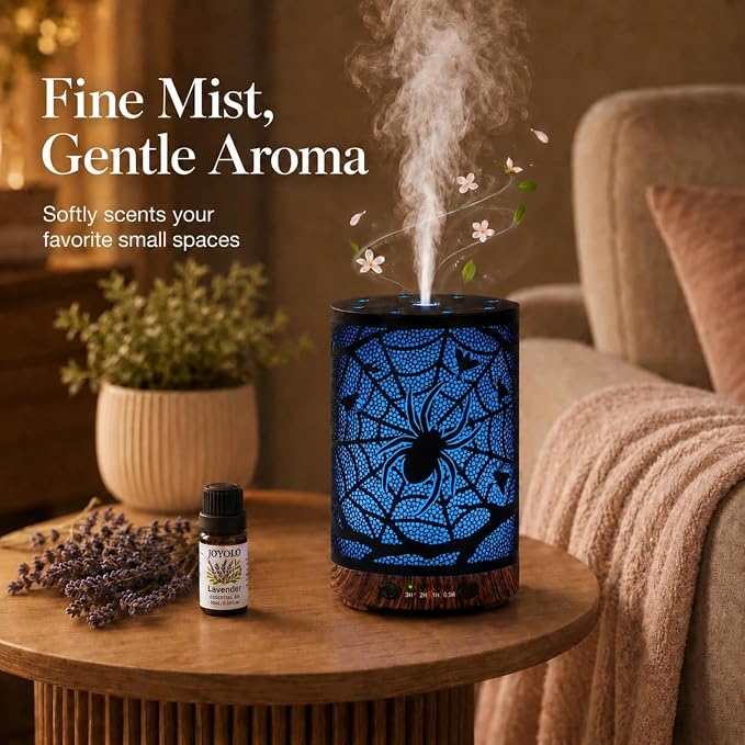 Essential Oil Diffuser 120ML Metal Aromatherapy Diffuser with Timer, Cool Mist Humidifier with Auto Shut-Off & 7 Color Lights for Home Office Spa (Spider Web)
