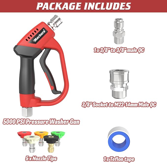 Pressure Washer Gun 5000 PSI, 360° Swivel Gun with 1/4" QC Outlet | Pressure Washer Accessories , Stubby Pressure Washer Gun with 5 Nozzle Tips, 3/8" Plug & M22-14mm Adapter