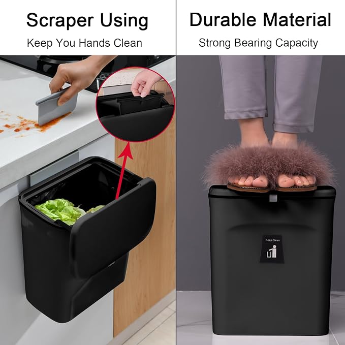 Tiyafuro 2.4 Gallon Kitchen Compost Bin for Counter Top or Under Sink, Hanging Small Trash Can with Lid for Cupboard/Bathroom/Bedroom/Office/Camping, Mountable Indoor Compost Bucket, Black