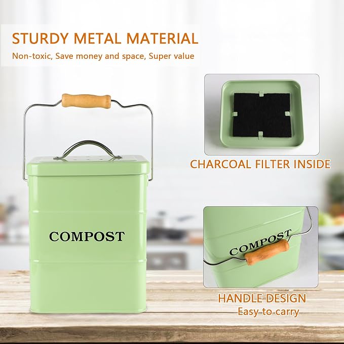 Compost Bin Kitchen Countertop Indoor Compost Pail Bucket, Great for Food Scraps, Carbon Steel, Handles, Green, 1 Gallon - Includes Charcoal Filter