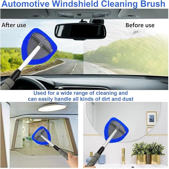 Windshield Cleaning Tool with Extendable Handle, Car Interior Window Cleaner Kit with 4 Reusable Microfiber Pads, Inside Windshield Cleaner for Auto & Home Glass
