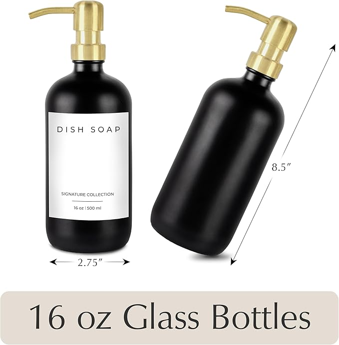 Emerson Essentials Dish Soap Dispenser for Kitchen, Dispenser Bathroom Set, Hand Soap Dispenser, Hand Wash and Dish Soap Set - Glass Dispenser with Pump and Labels