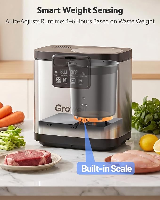 Growell 4L Electric Composter for Kitchen, Countertop, Indoor Compost Bin | Dual Carbon Filter, LED Touch Panel, Auto-Clean, Long-Life Brushless Motor, <40dB, Visible Window, Food Wast Recycler, Silver