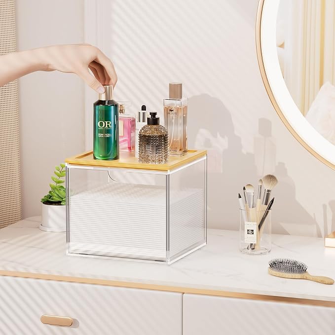 VITVITI Drawer Disposable Face Towel Holder Box, Acrylic Storage, Clear | Face Towels Holder Container for XL Clean Skin Club, Facial Towel Storage with Bamboo Lid, for Bathroom, Vanity Makeup