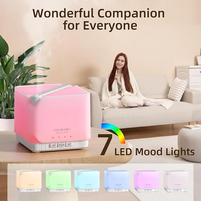 ASAKUKI Essential Oil Diffuser for Home Large 700 ml Humidifier | Automatic Shut-Off, Quiet Aromatherapy Diffuser with 7 LED Lights for Living Room, Kitchen, Bedroom, Hotel - White