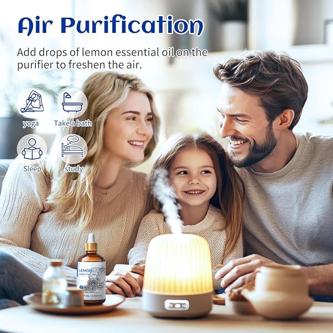 HIQILI Lemon Essential Oil, Household Cleaning, Air Purification, Skin Care, Can be Added to Cleansers, Sprays, Body Lotions Use - 3.38 Fl Oz/100ML | Creates Long-Lasting Fresh Atmosphere for Work, Study and More, Eliminates Odors -100ml / 3.38 fl oz