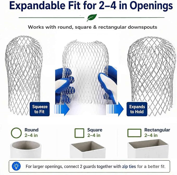 4 Pack Upgrade Gutter Downspout Guards, Heavy Duty Expandable Aluminum Gutter Filter, Leaf Gutter Downspout Screen for 2-4In Downspout Guard Openings, Stop Clogs from Leaves & Twigs