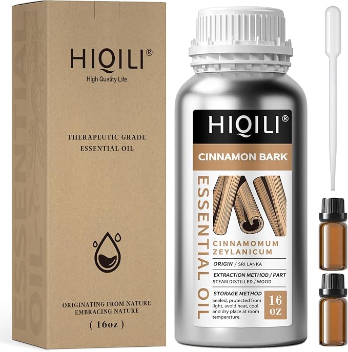 HIQILI Cinnamon Bark Essential Oil for Versatile DIY, Diffuser & Skin | Brings Calming Stress Relief, Gentle Household Barrier, Soothing Massage Comfort & Air Freshening - 500ml / 16 fl oz