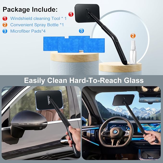Windshield Cleaner Tool, Windshield Cleaning Wand Auto Window Cleaner Kit with Detachable Handle, 4 Microfiber Velcro Stick Pads and 1 Spray Bottle, Glass Wiper Kit for Windshield,Trucks,SUVs,RVs,Home