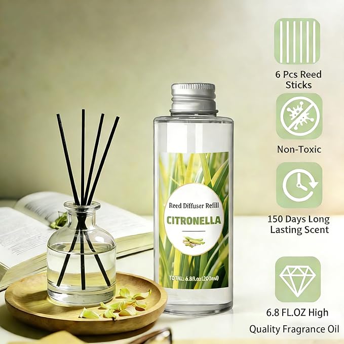 STRN Citronella Reed Diffuser Refill, Lemongrass Scented Diffuser 200ML | Summer Long-Lasting Fragrance for Living Room, Bedroom, Office