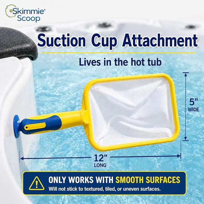 The Skimmie Scoop - Patented Handheld Skimmer with Fine Mesh Net for Spa, Hot Tub, Cold Plunge and Small Pool Cleaning - Lightweight and Durable with Powerful Suction Cup - Clean Out Filter (Yellow)
