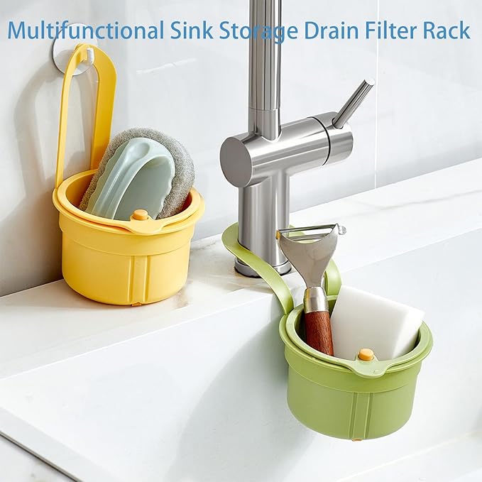 Faucet Hanging Strainer Kitchen Sink Food Waste Catcher Drain Basket, Plastic Kitchen Sink Strainer Automatic Dumping Draining Basket, Food Fruit Vegetable Drain Shelf Sink Storage Holder (Yellow)
