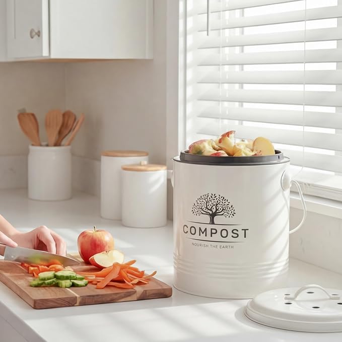 Perfnique 1.3 Gal Kitchen Compost Bin with Lid, Countertop Compost Caddy | Indoor compost bucket with inner bucket liner and carbon filter, compact food waste bin, farmhouse kitchen decor