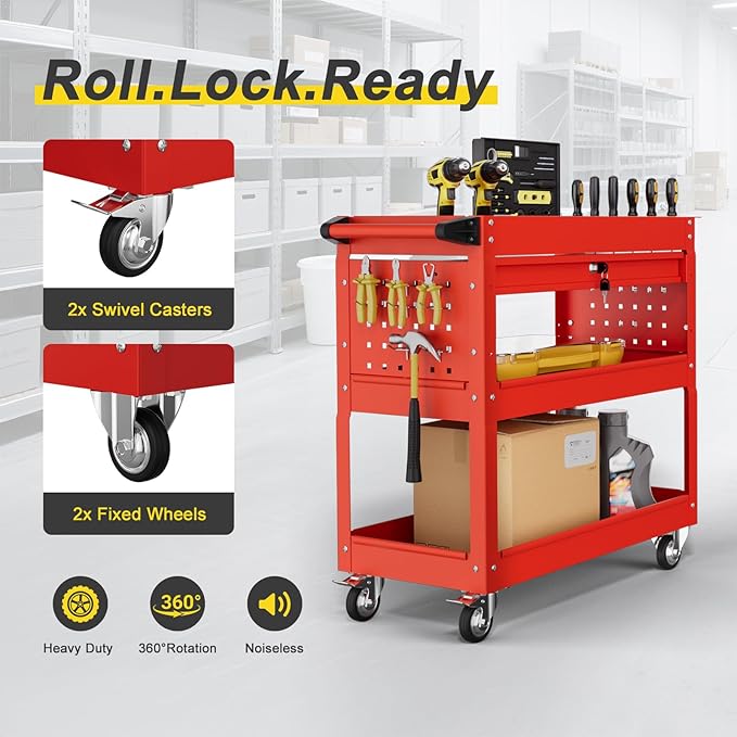 3-Tier Rolling Tool Cart with Drawers, Heavy Duty Utility Storage Cart with pegboard, Lockable Metal Tool Chest on Wheels for Garage, Warehouse & Repair Shop